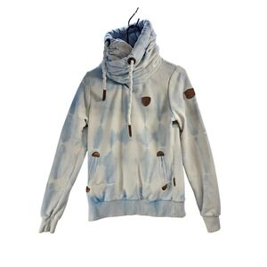 WANAKOME Tie Dye Cowl Neck Hoodie Sweatshirt Light Blue White Size S